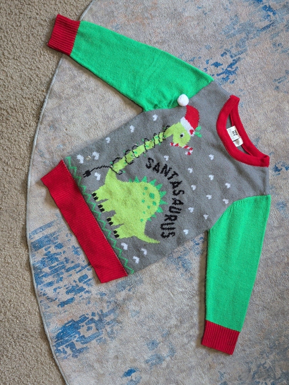 Child Santa-Saurus Holiday Sweater - Gray & Green Boys XS/S - Lights Up!